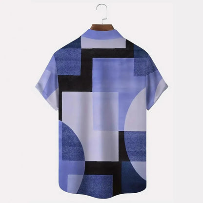 Men's retro geometric printed short sleeve cardigan shirt in loose fit style