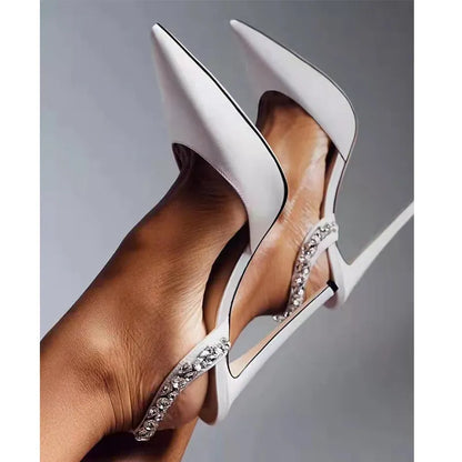 Women's black patent leather pointed toe sandals with rhinestone embellishments on an 11cm heel.