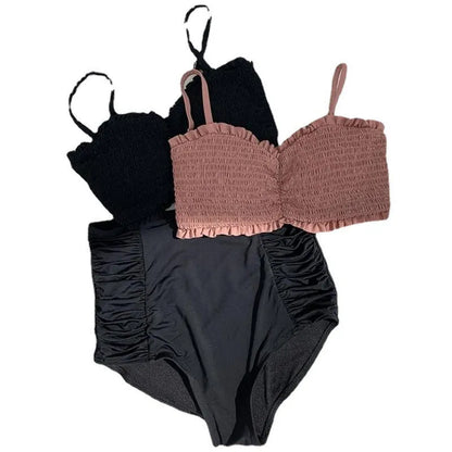 Women's retro high waist split bikini swimwear set in polyester fabric