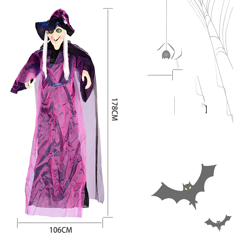 120cm black voice-activated electric witch prop with purple option for Halloween decorations, polyester material