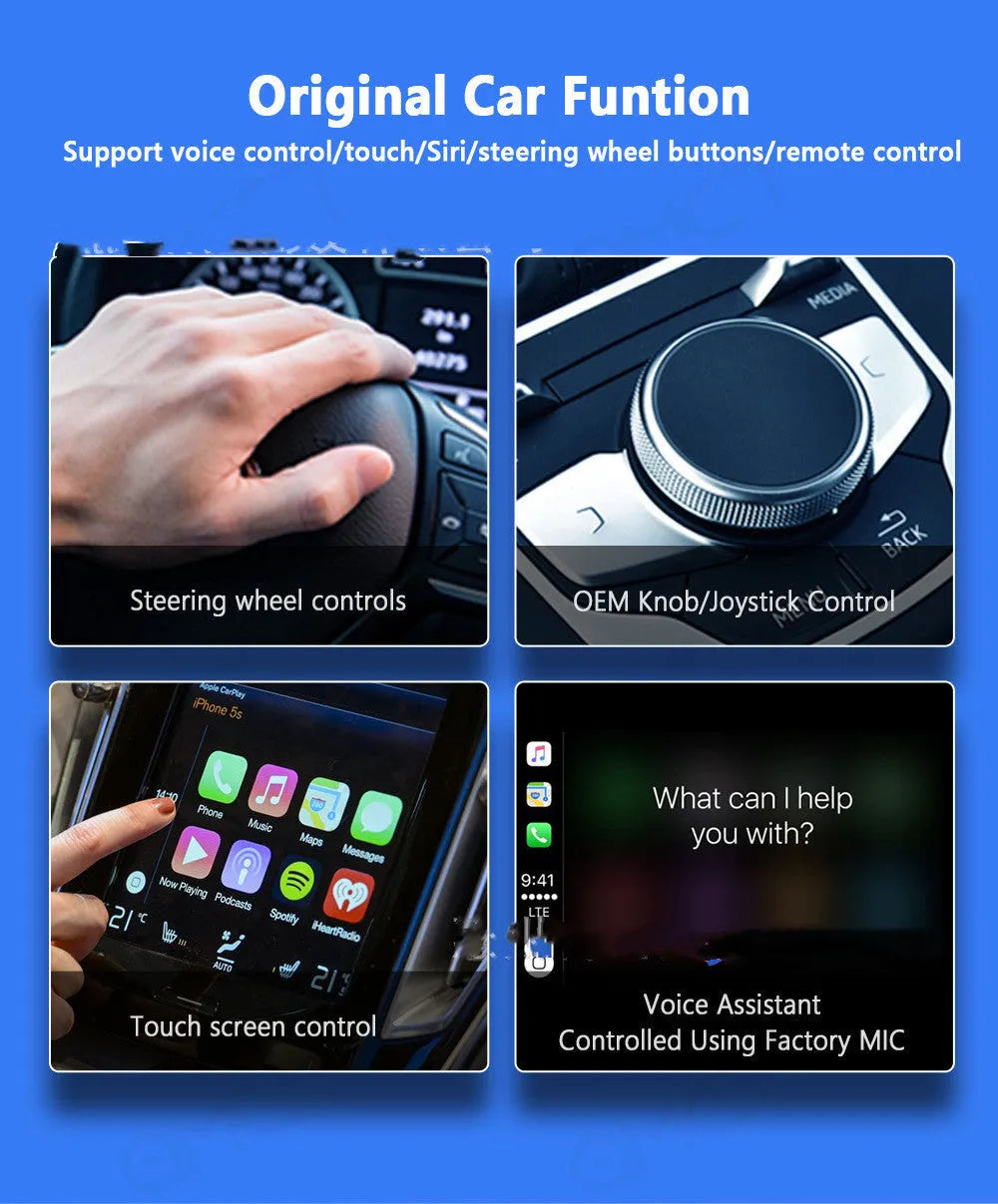 Black 9-inch wireless CarPlay adapter and GPS unit with a capacitive touch screen.