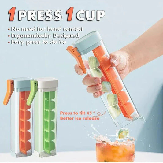 Premium one-touch ice cube tray in Maldives color and pearl white, with features like food-grade materials, easy ice cube release, and convenient storage box