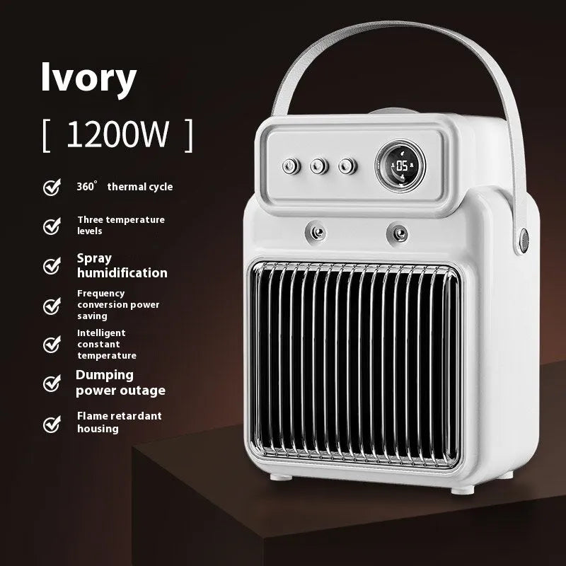 White 1200W room heater with humidifier measuring 19cm by 25cm, showing control panel with temperature and mist settings