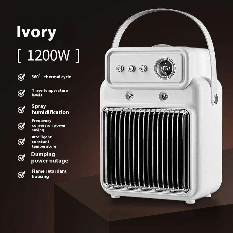 Dual-function 1200W warm mist humidifying heater with adjustable temperature and humidity settings, overheating protection, and modern white design