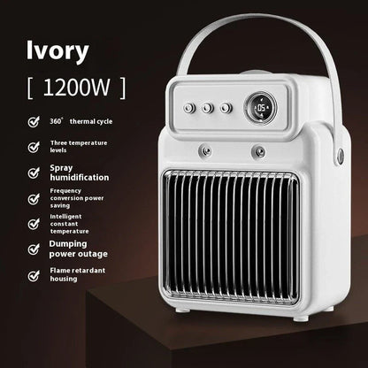Dual-function 1200W warm mist humidifying heater with adjustable temperature and humidity settings, overheating protection, and modern white design