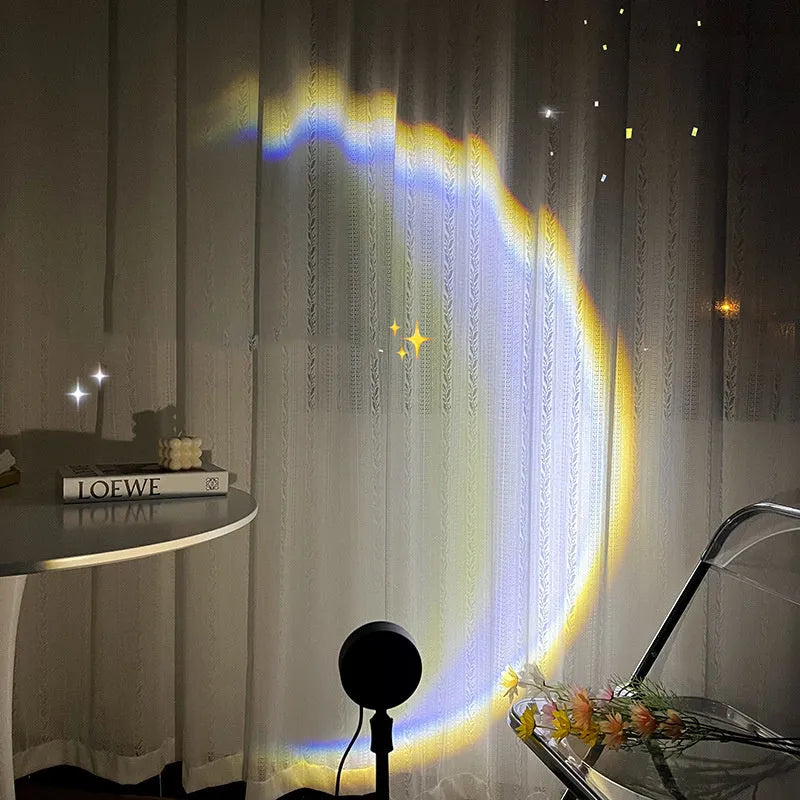 INS USB moon lamp projector with Scandinavian design showing 360° rotation and atmospheric lighting projection