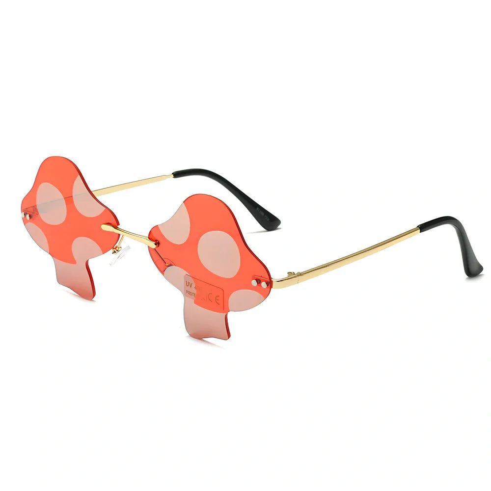 Gold rimless mushroom sunglasses with blue polycarbonate lenses showing 60-port sizing system