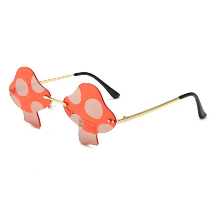 Gold rimless mushroom sunglasses with blue polycarbonate lenses showing 60-port sizing system