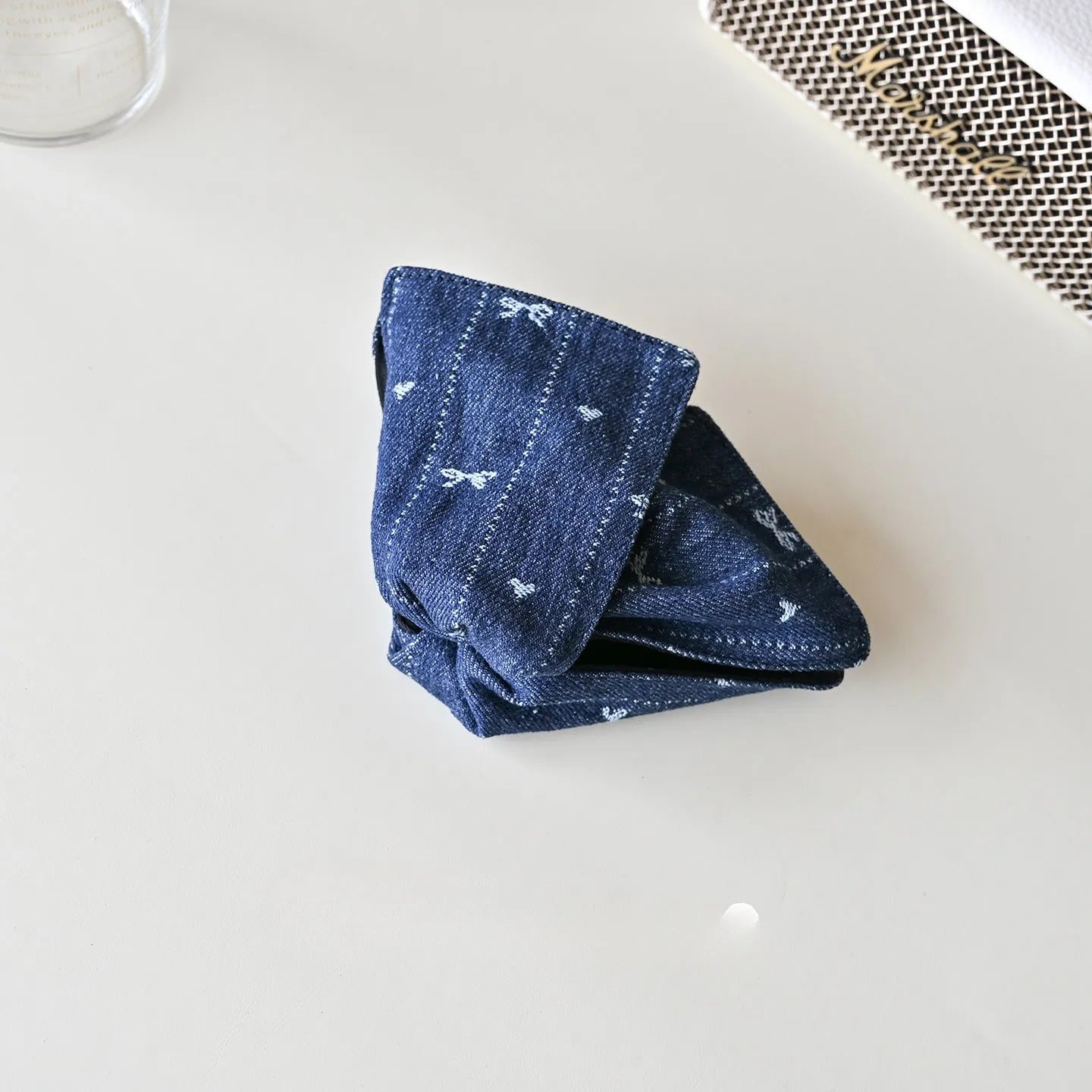 Korean style embroidered denim barrette shark clip in dark blue and smalt colours for women's updos.