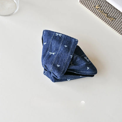 Korean style embroidered denim barrette shark clip in dark blue and smalt colours for women's updos.