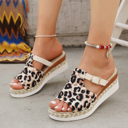 Leopard print wedge platform sandals with fish mouth toe in beige, yellow and light green colours