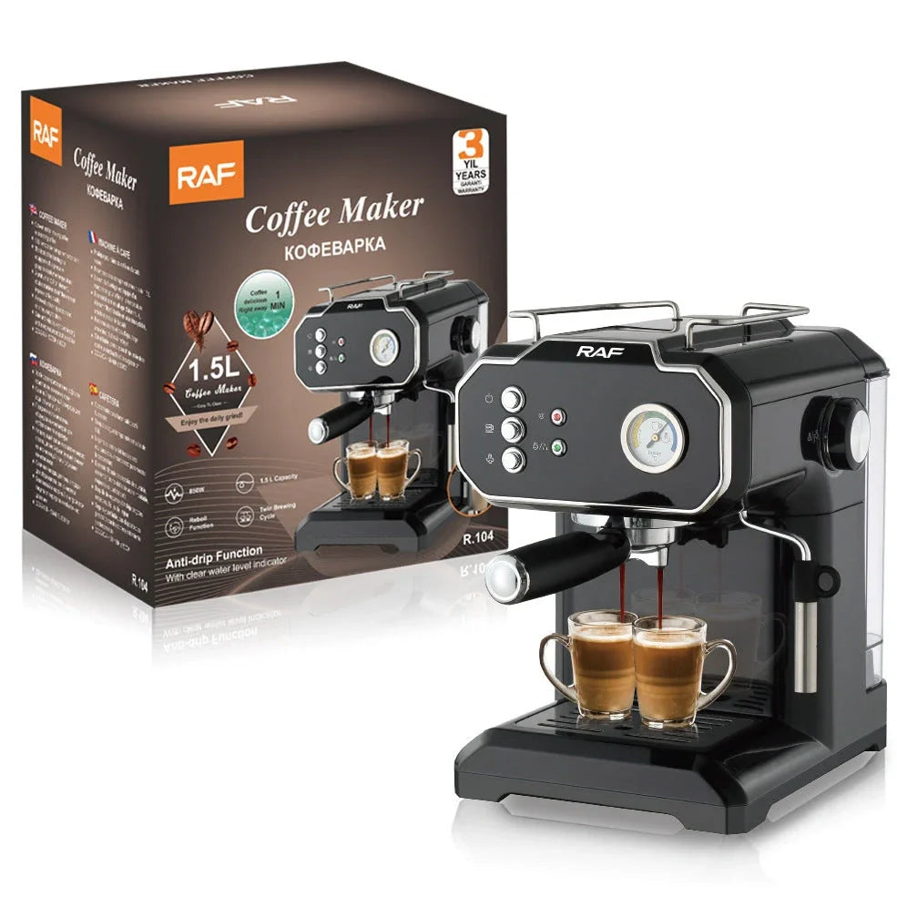 Black semi-automatic coffee machine with LCD display and 1.5L capacity