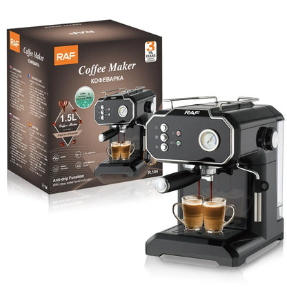 Black semi-automatic coffee machine with LCD display and 1.5L capacity