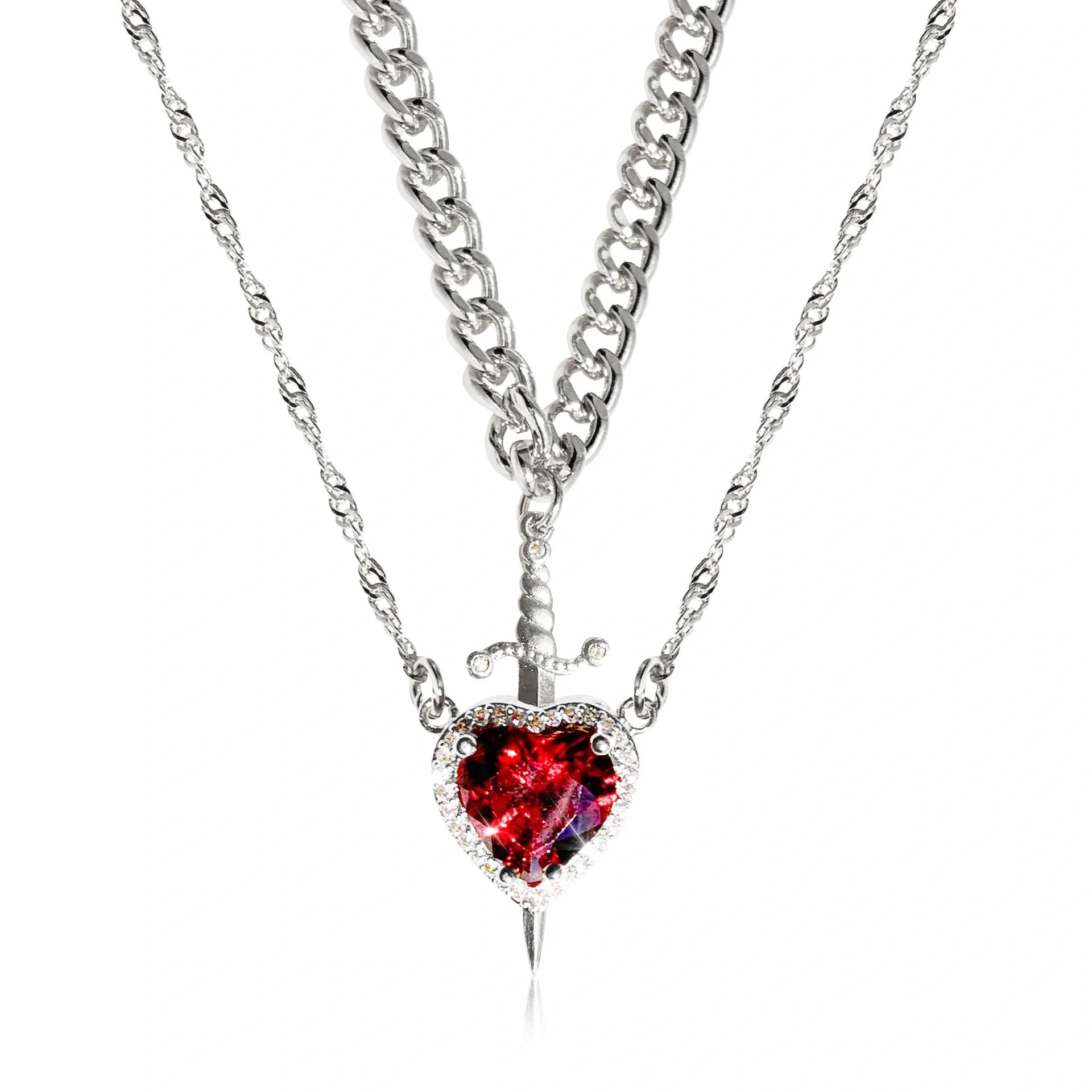 Gothic Punk Heart Dagger Couple Necklace with sparkling red rhinestones