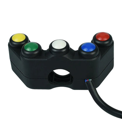 Plastic five-colour five-position vehicle function switch with red, yellow, blue, green, and white buttons and a black cable.