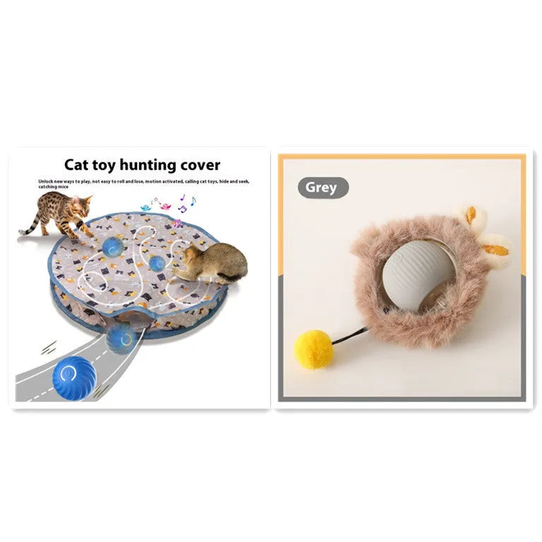 Silicone rolling ball cat toy showing red, green, and grey colour options with self-hi motion mechanism