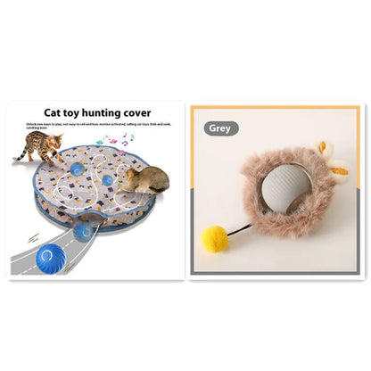Silicone rolling ball cat toy showing red, green, and grey colour options with self-hi motion mechanism