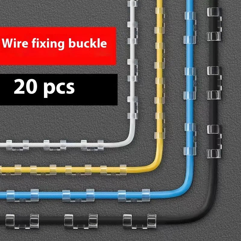 Transparent self-adhesive plastic cable clips for wire management, shown in a pack.