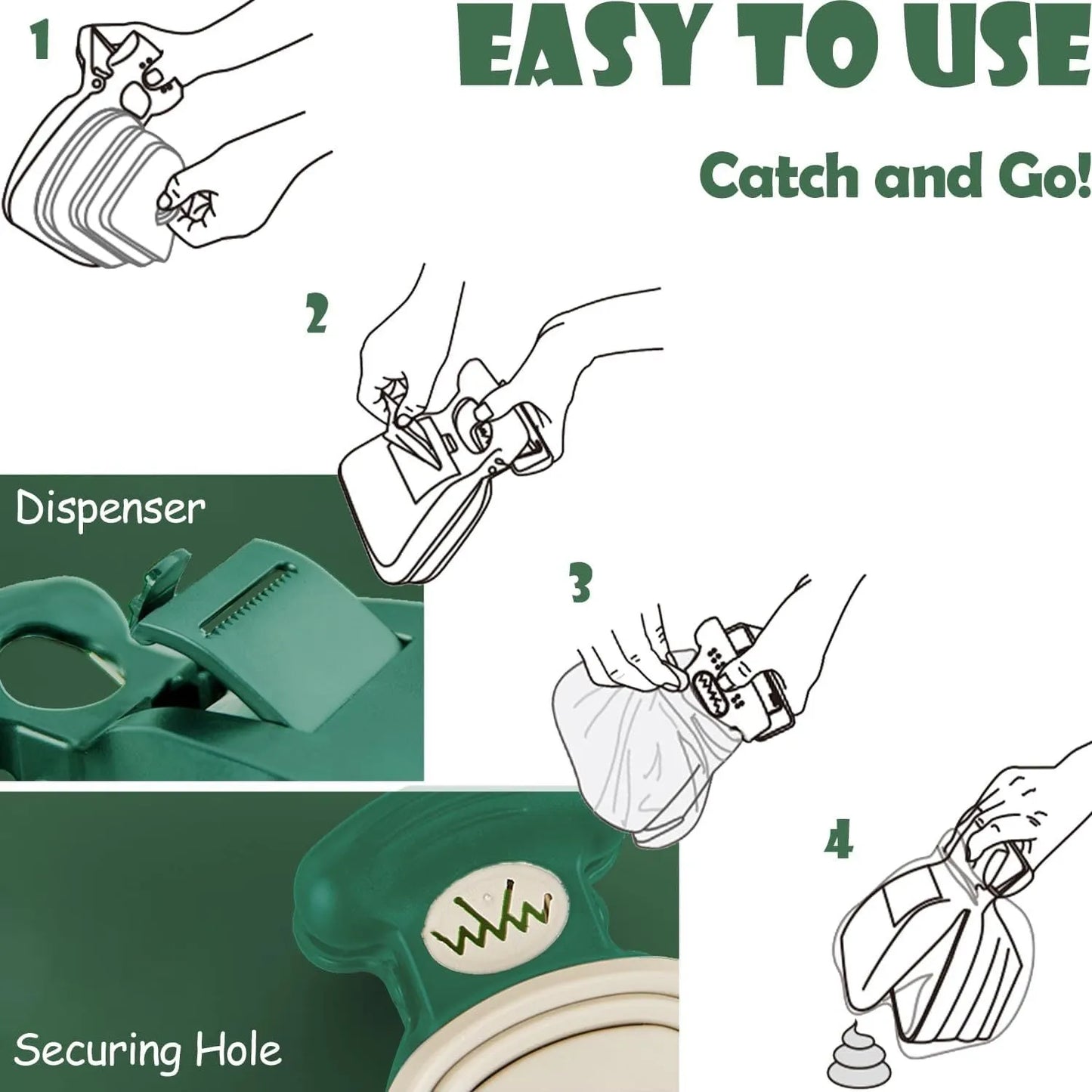 Blue portable dog pooper scooper with carabiner clip and waste bag dispenser, shown next to a waste bag.