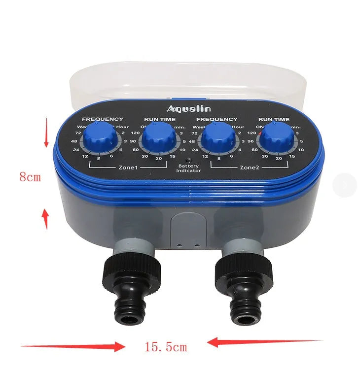 Dual timer automatic garden watering controller with battery compartment for cordless irrigation.