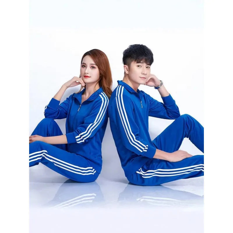 Navy blue cotton blend cardigan suit set with matching trousers and adjustable waist