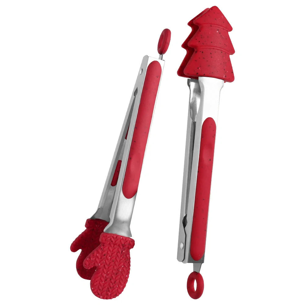 Christmas-themed silicone kitchen tongs with locking clip for bread and BBQ