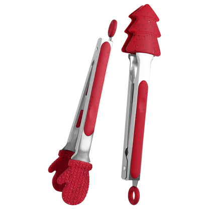 Christmas-themed silicone kitchen tongs with locking clip for bread and BBQ