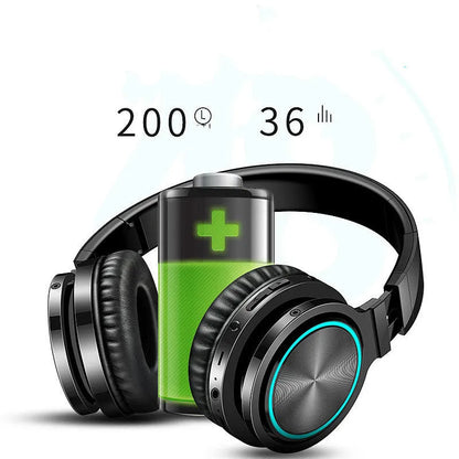 Wireless folding over-ear headset shown in black, black and red, and white and grey colour options.
