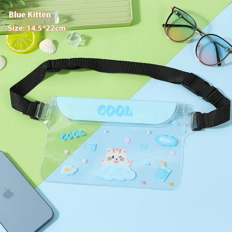 Waterproof PVC phone waist bag with adjustable waistband and touch screen, cartoon animal design, free size