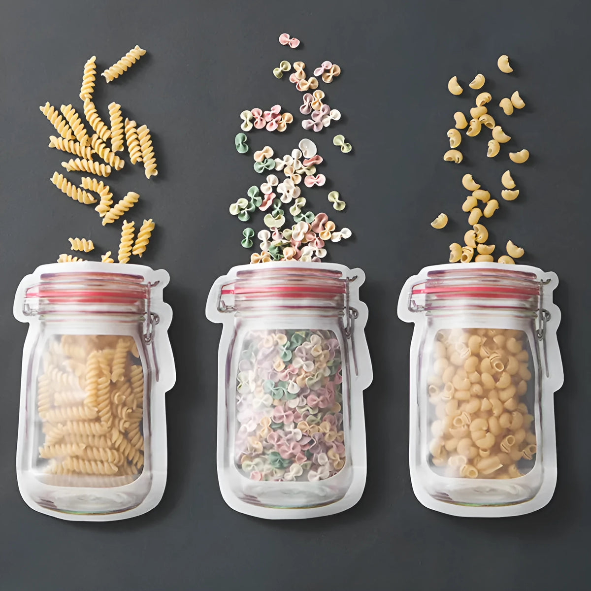 Red reusable self-sealing plastic bag for snacks with zipper closure, shown with biscuits.