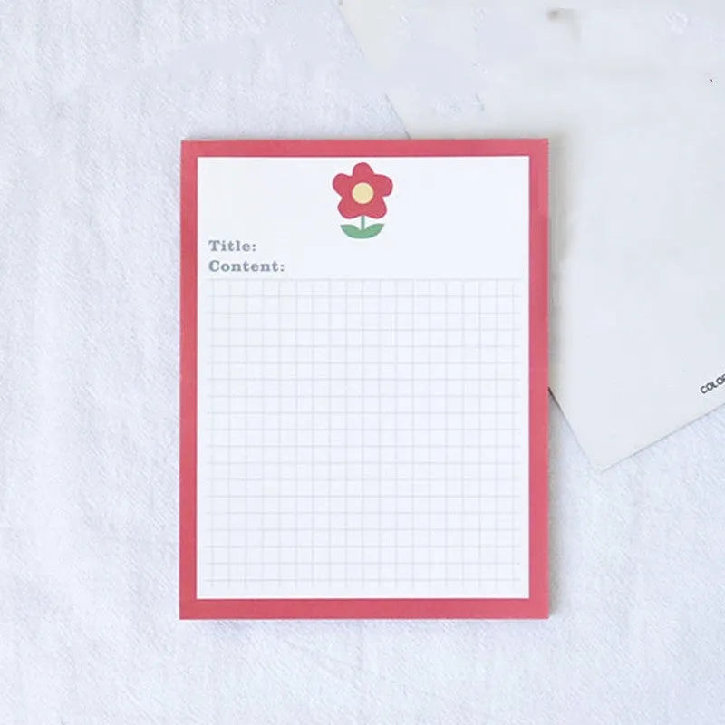 Cartoon design sticky note pads in avocado, bear, love heart, or small flower themes showing two size options