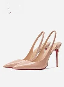 Women's black and red stiletto heel sandals with ankle-strap buckle and pointed toe