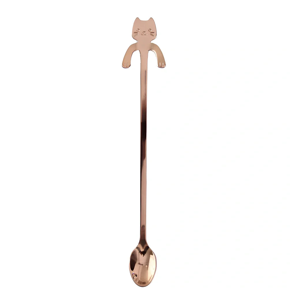 Stainless steel coffee spoon with cartoon cat handle showing hanging hole and smooth edges