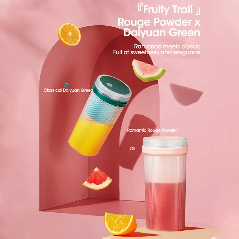 Multi-function portable blender in blue, green, or pink with USB cable and detachable parts for juicing