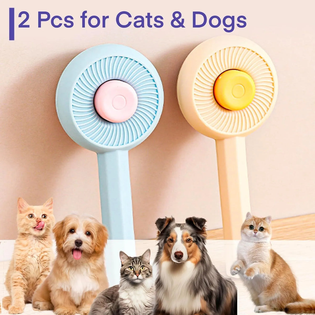 Blue and yellow pet grooming brush with self-cleaning button and angled metal pins for deshedding cats and dogs