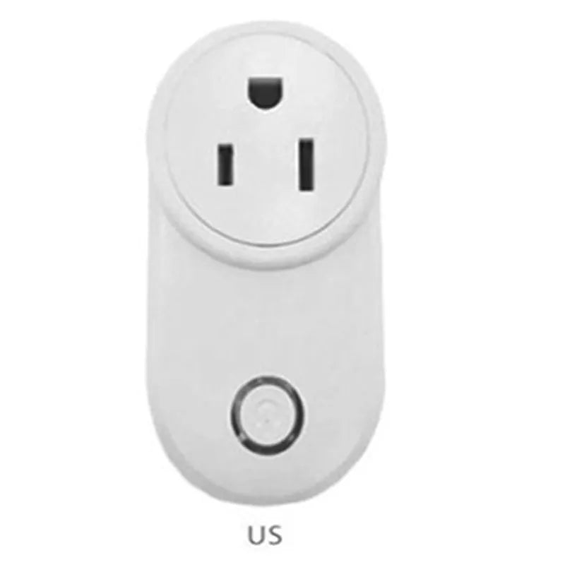A neutral-colour wifi smart socket showing UK and US plug versions for remote and voice control.