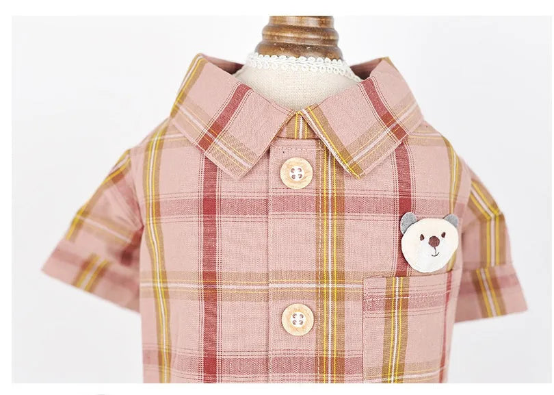 Soft cotton pet shirt with two feet design in blue, red, or rice brown, sizes XS to XL