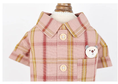 Soft cotton pet shirt with two feet design in blue, red, or rice brown, sizes XS to XL