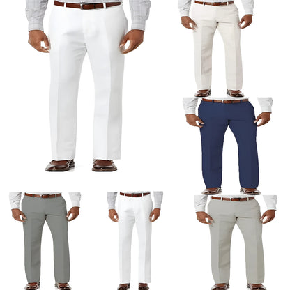 Men's beige white linen casual trousers with slant pockets laid flat