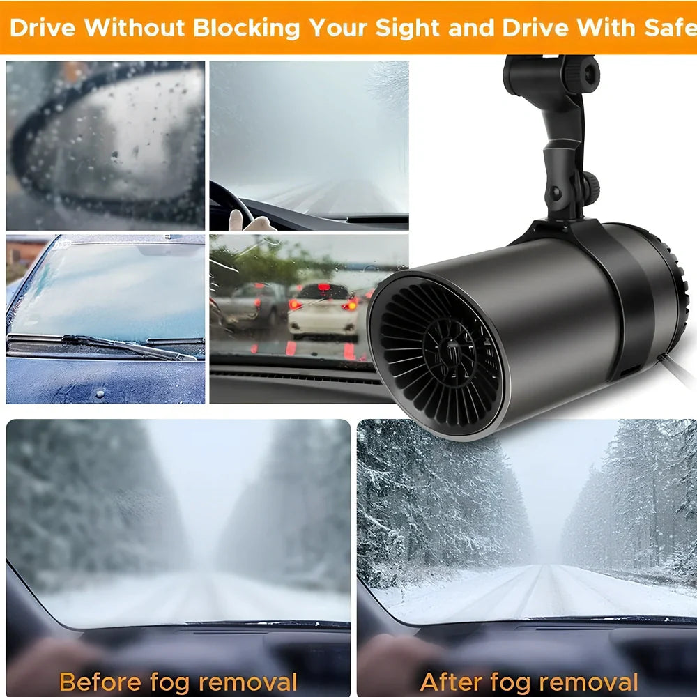 Black grey 12V car heater measuring 15cm × 7cm with 1.5m cable for windshield defogging