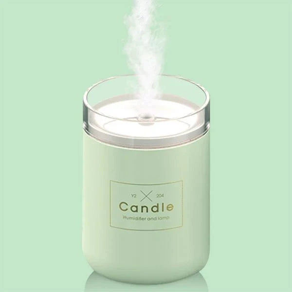 Compact USB-powered mist humidifier with mood light, available in fresh green, rose powder, and black colors