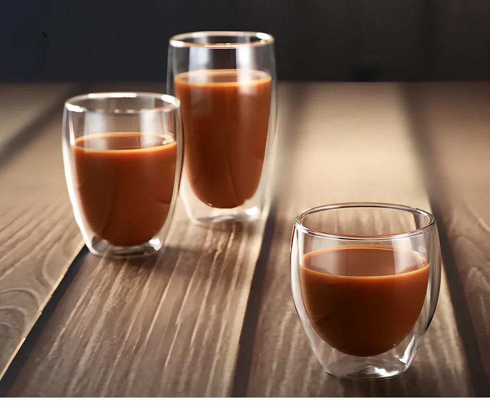 Chinese style double-layer glass coffee cup showing heat-resistant construction and traditional design elements