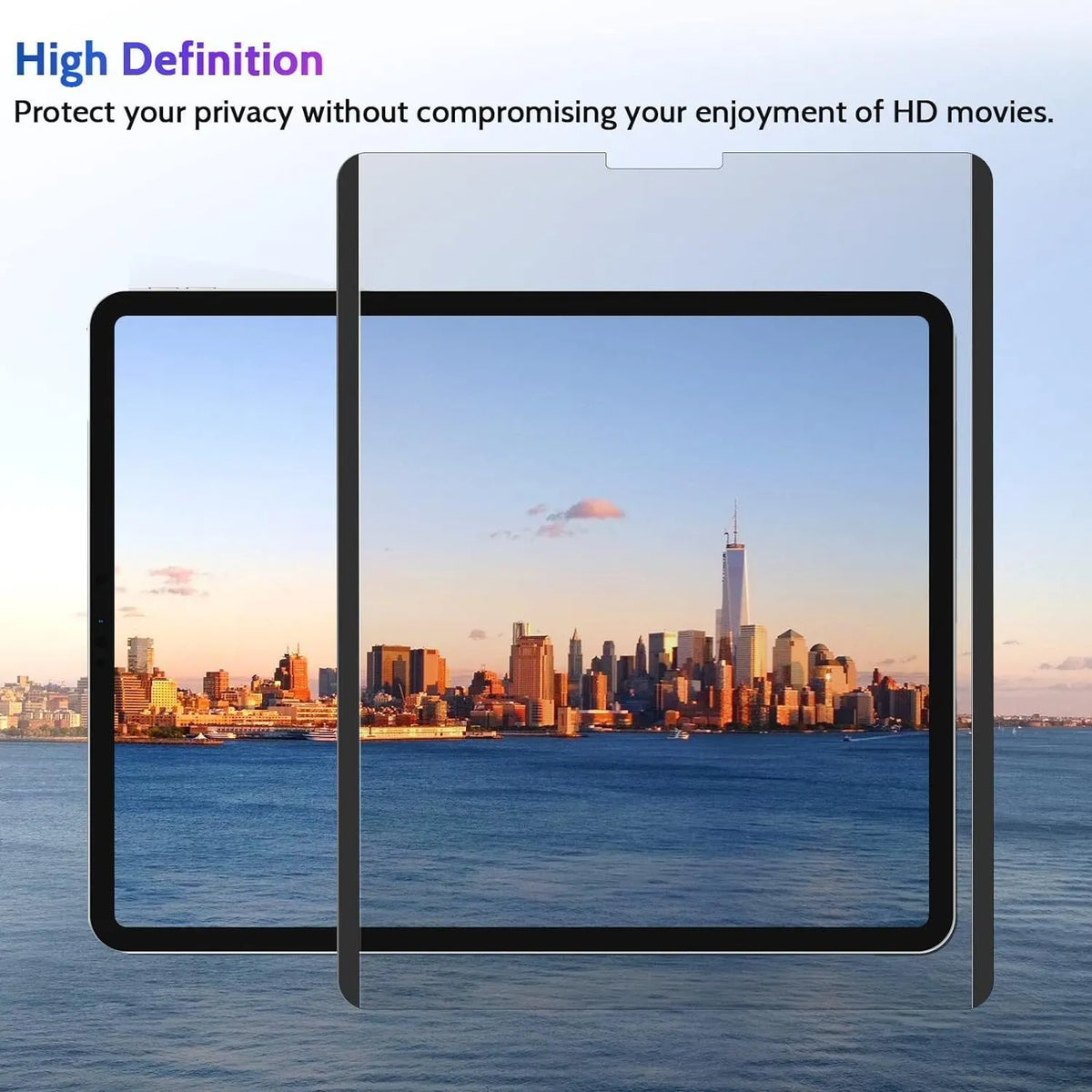 Magnetic suction anti-peeping film on iPad screen with storage clip, showing privacy protection and PET material clarity