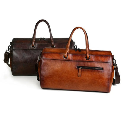 Handmade brown retro leather tote bag with large capacity for travel.