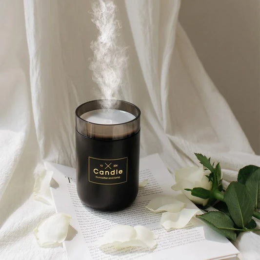 Compact USB-powered mist humidifier with mood light, available in fresh green, rose powder, and black colors