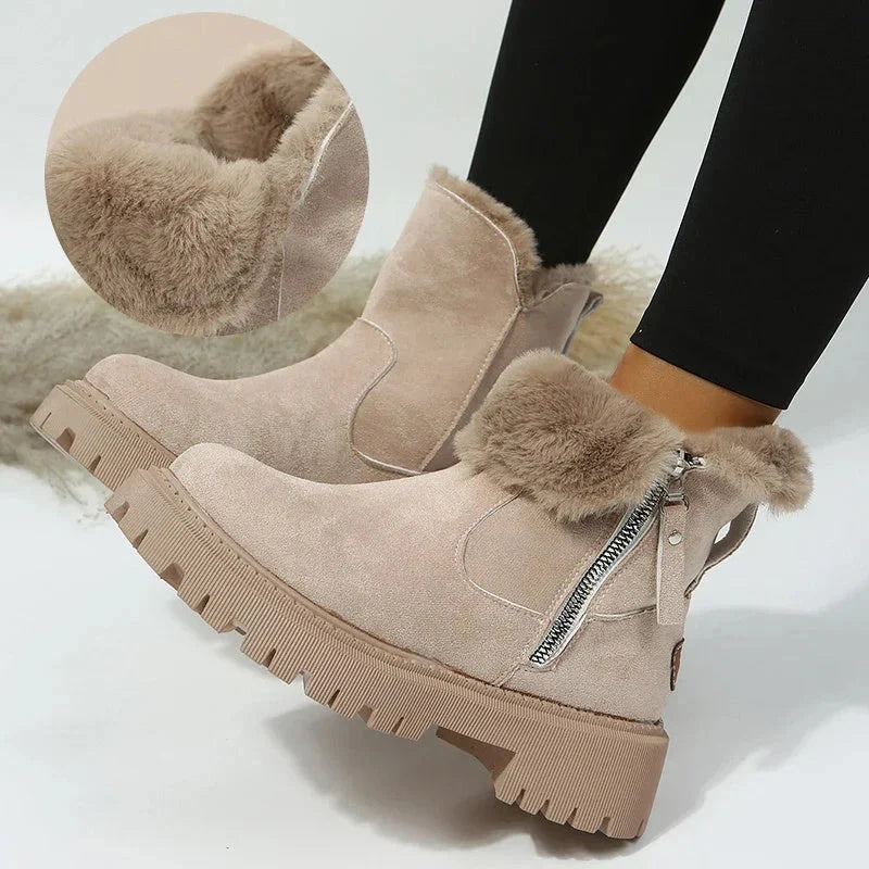 Women's snow boots with foldable plush tube and side zipper in black and khaki