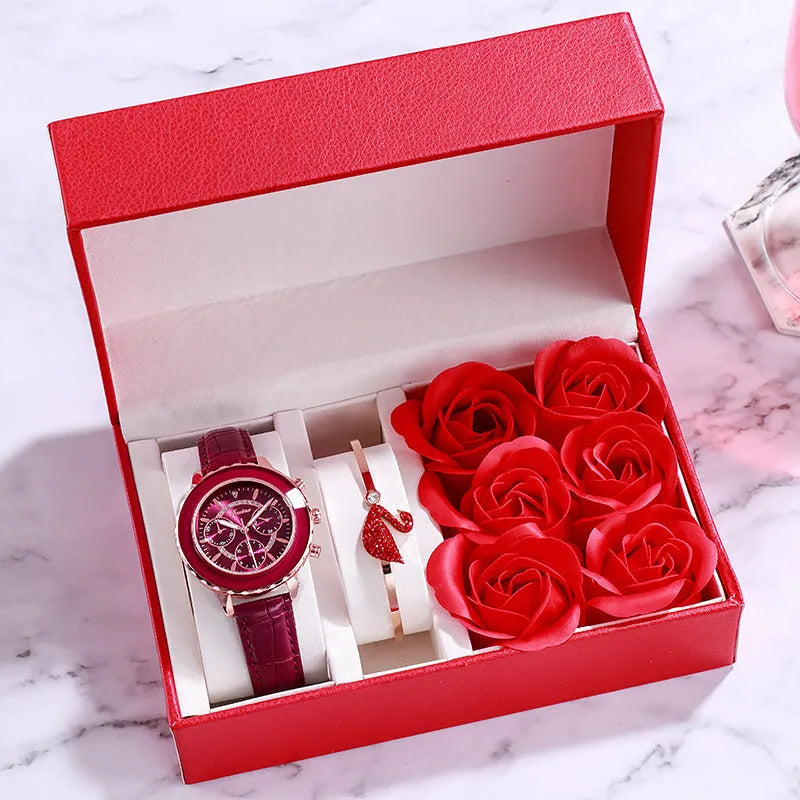 Ladies round watch with 32mm dial, 6mm alloy case, leather strap, and pin buckle