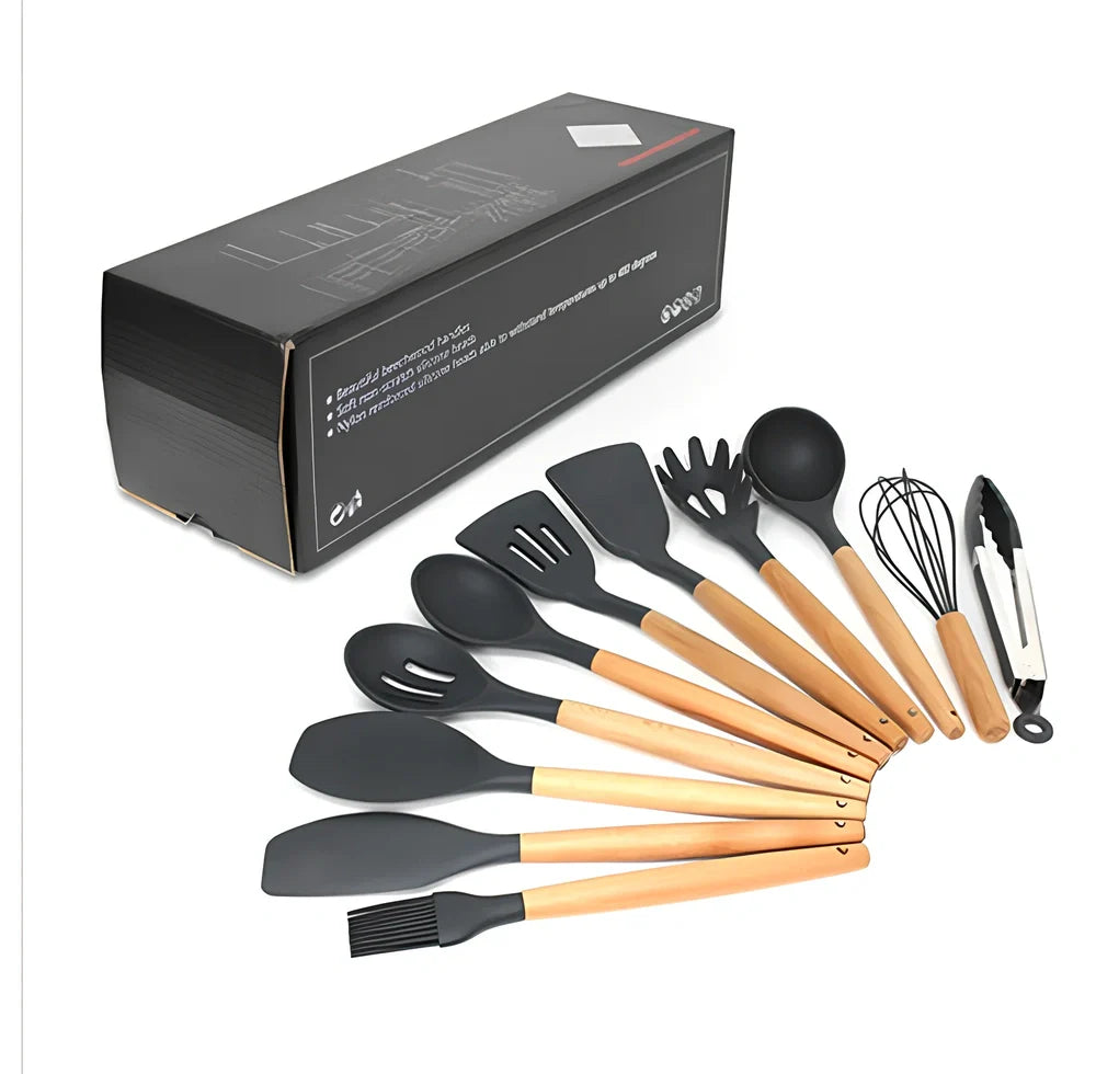 11-piece silicone kitchen utensil set with beech wood handles showing spoons and spatulas