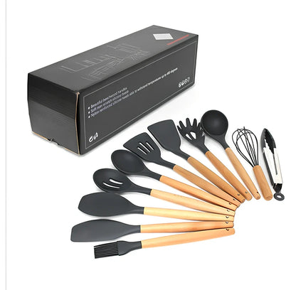 11-piece silicone kitchen utensil set with beech wood handles showing spoons and spatulas