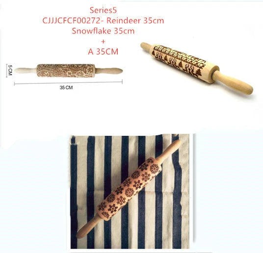 Festive rolling pin with embossed Christmas designs for easy imprinting on dough